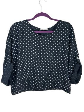 Tempo Paris Polka Dot Cropped Linen Blouse Top - Blue with White Dots Size S